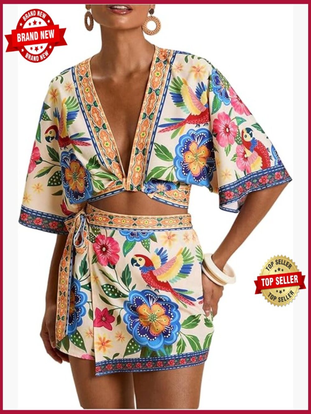 Boho Floral Crop Top & Wrap Skirt Set Summer Vacation Outfit